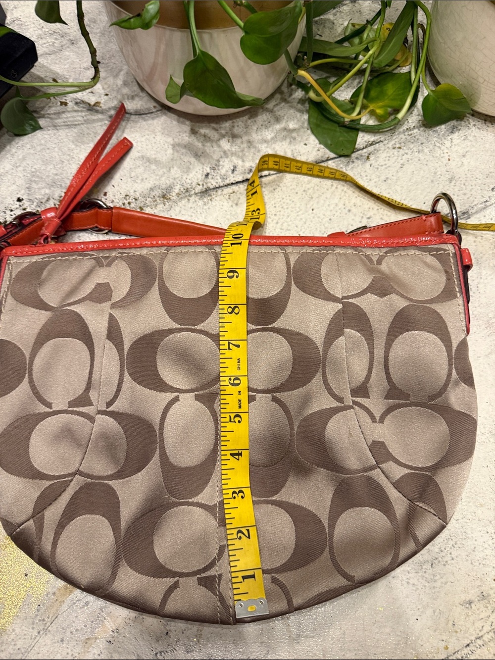 Coach 12675 Signature C Khaki Jacquard Hobo Shoulder Bag Coral Leather - Picture 10 of 10